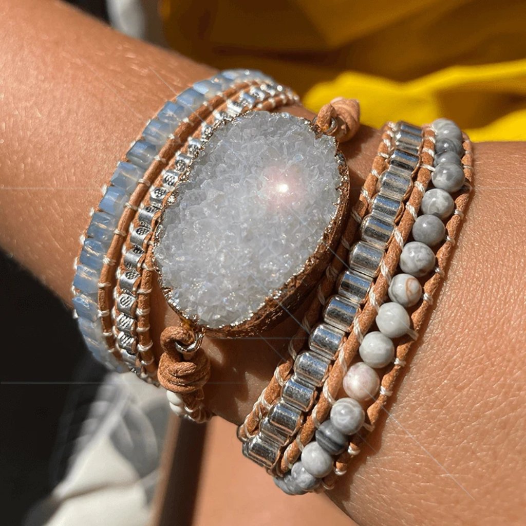Snow White Druzy Agate Crystal Handmade Healing Chakra Women Boho Bracelet Gifts